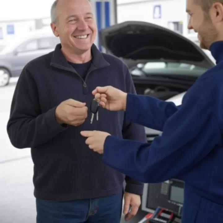 Szczęśliwy właściciel domu z kluczami do samochodu