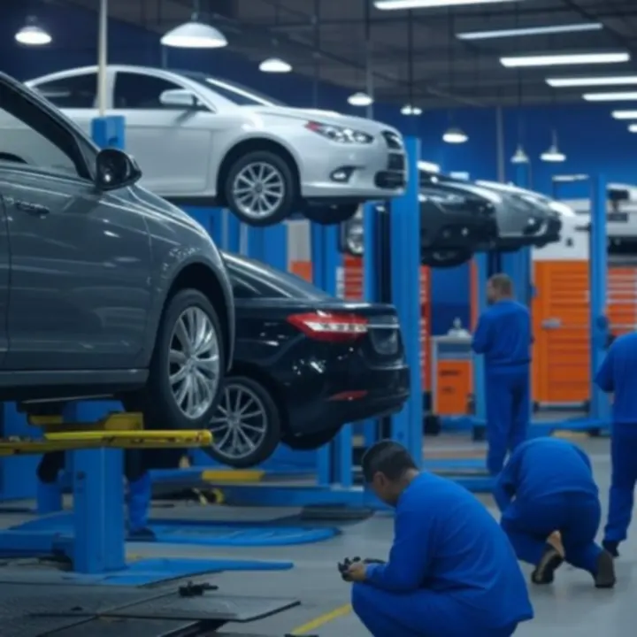 Warsztat samochodowy z mechanikami przy pracy